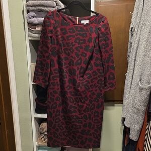 Calvin Klein Leopard Print Long Sleeve Dress in Burgundy